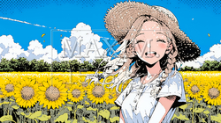 夏の晴天の日、ひまわりの畑を散策している若い女性｜2175328-10369