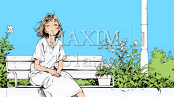 公園のベンチでひとり静かにくつろぐ若い女性（シンプルな色使い）｜2103686-17571