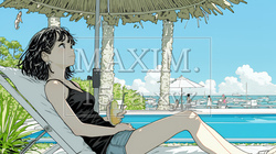 プールサイドのデッキチェアでくつろぐ若い女性｜夏のリゾートとリラックスライフスタイルイメージ | 2075611-17592