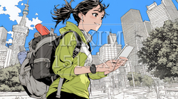 スマホの地図アプルを頼りに目的地に向かって歩いている女性：歩きスマホ