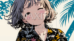 沖縄のかりゆしファッションを着て笑顔いっぱいの若い女性｜76921-9756