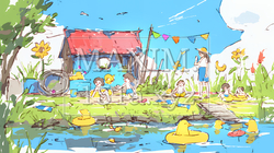 小学生の夏の思い出：川辺に遊びに行く（クレヨン＋水彩画風）