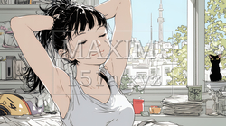 朝の目覚ましを止めて伸びをしている若い女性