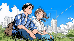 新緑の芝生が広がる都会の公園でくつろぐ若い男女｜2140595-12482