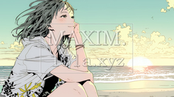 のんびり・ゆったり：夏のビーチで夕日を眺める若い女性 | 2110456-10420