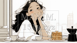 早朝のダイナー（喫茶店）でパンケーキ（モーニングセット）を食べる若い女性（シンプルな色使い）