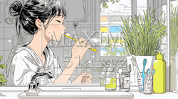 洗面所で朝の歯磨きをする若い女性 | 2121798-16898