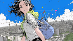 若い女性と都会のランドスケープ