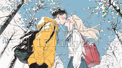 秋の紅葉の下でキスをしている若い恋人たち｜2154252-7944