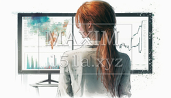モニターに表示された株価チャートと注文画面を見つめる女性トレーダーの後ろ姿。 | 2140991-3875