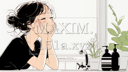 洗面所で朝の洗顔をする女性（シンプルな色使い）