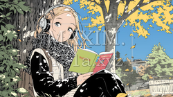 読書の秋：紅葉の木の下で本を読んでいる若い女性｜2161384-15766