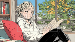 読書の秋：リビングルームで本を読んでいる若い女性｜2213131-18010