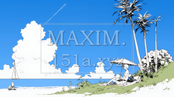 夏のビーチの風景（シンプルな色使い）