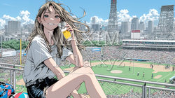 野球などの屋外スポーツを観戦しながら、ビールを楽しむ若い女性。 | 2186285-9557