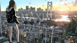 夕暮れ（朝の）都市のランドスケープを眺めている若い女性