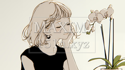 蘭の花と若い女性（シンプルな色使い） | 2194000-11143