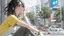 思案・反省・諦め；窓から流れ落ちる雨粒を見つめる若い女性 | 2200150-15327