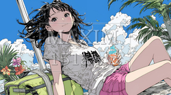 夏の空と南陽植物と若い女性