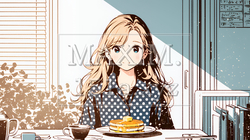 早朝のダイナー（喫茶店）でパンケーキ（モーニングセット）を食べる若い女性｜