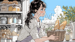 近所のパン屋で焼きたてパンを買う若い女性 | 2205300-16193