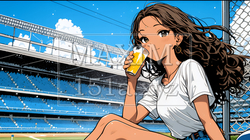 野球などの屋外スポーツを観戦しながら、ビールを楽しむ若い女性。 | 221353-9547