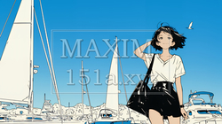 沖縄のヨットハーバーに立つ若い女性（シンプルな色使い） | 221912-15241