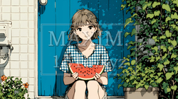 スイカを縁側で食べている若い女性