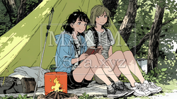 女友達と一緒にテントキャンプを楽しむ若い女性