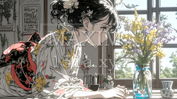 おもてなし（優しい心遣い）：来客のために花瓶に花を生ける若い女性