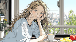 ゆったりした気分で朝食を一人で食べている若い女性