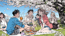 満開の桜の下で仲間たちと花見宴会｜2222945-7885