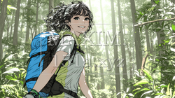 初夏の森でトレッキングを楽しむ若い女性｜新緑とアウトドアの爽やかなライフスタイル | 226292-17585
