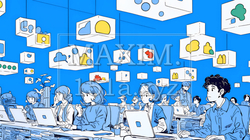 ITビジネスとクラウド技術のコンセプト｜ノートPCで働くチームとデータネットワークのイメージ | 2268660-17264