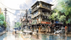 大雨の街角：大雨に見舞われた街の様子の水彩画 | 2273396-18391