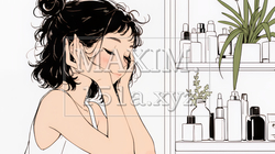 スキンケアを念入りに行う若い女性（シンプルな色使い） | 2283143-15919
