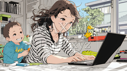 自宅でのリモートワークの場面：子どもが気になって集中できない