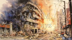 都市を直撃する地震：都市直下型地震の水彩画 | 2290615-18396