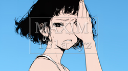 額に手を当てて「困ったな」ポーズをしている若い女性（シンプルな色使い）