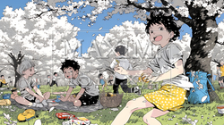 満開の桜の木の下で遊ぶ子供たち｜243088-5873