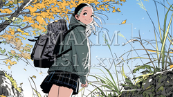秋の野山をハイキングしている若い女性 | 230380-5916