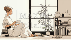 リビングで紅茶を飲んでいる女性（シンプルな色使い） | 2310367-11822