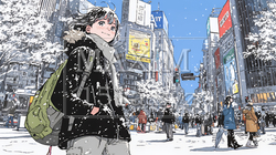 雪の積もる冬の都会を散策している若い女性 | 2325606-12982