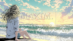 のんびり・ゆったり：夏のビーチで夕日を眺める若い女性 | 2332372-10416