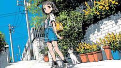 晴天の夏休みに近所を散歩している少女