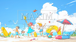 小学生の夏の思い出：海水浴（クレヨン＋水彩画風）