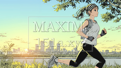 夕方の街並みを背景にジョギングをする若い女性 | 2353892-16442