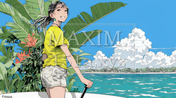 海でSUP（サップ）を楽しむ若い女性（ライフジャケットとリーシュコードの装着は必須だよ）｜爽やかなマリンスポーツ・夏のレジャーイラスト | 235402-20471