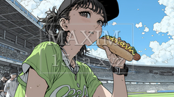 野球などの屋外スポーツを観戦しながら、ホットドッグを頬張る若い女性。 | 2368069-9565