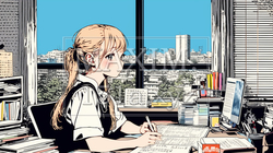 受験勉強とか残業をしている若い女性